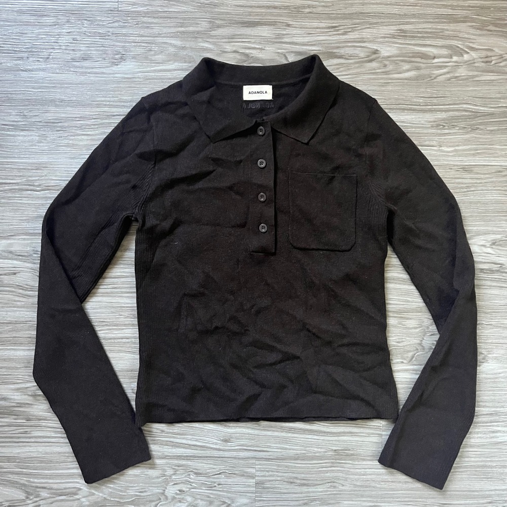Adanola Coffee Brown Long Sleeve Knit Polo Sweater Top Merino Wool Blend Size M